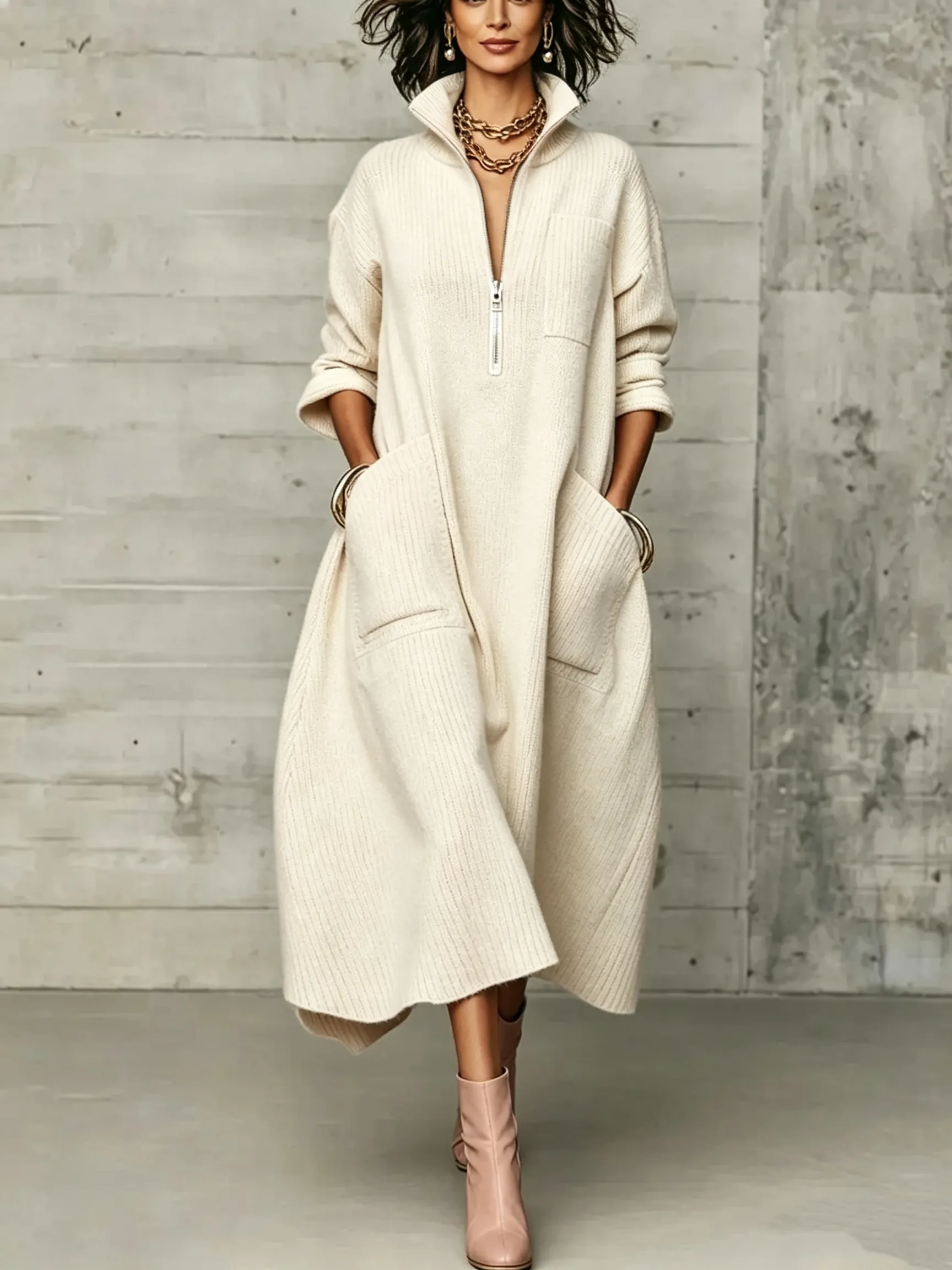 50% OFF Women's Knit Maxi Dress with Pockets – Quarter-Zip, Cozy & Flowy