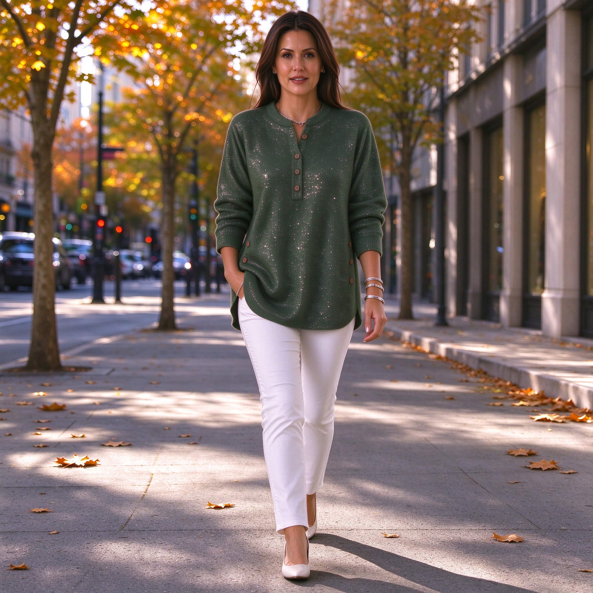 Women's Sparkly Henley Tunic Top – Shimmer Knit Blouse – 50% OFF