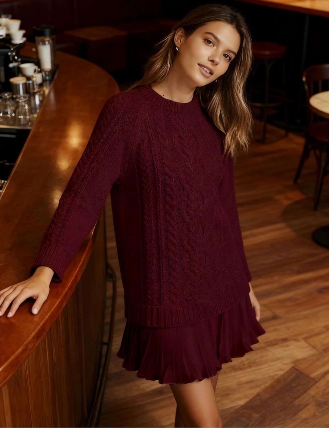 Women Cable Knit Sweater Dress Crewneck Long Sleeve Pleated Mini Dress Twofer Style Patchwork Dress