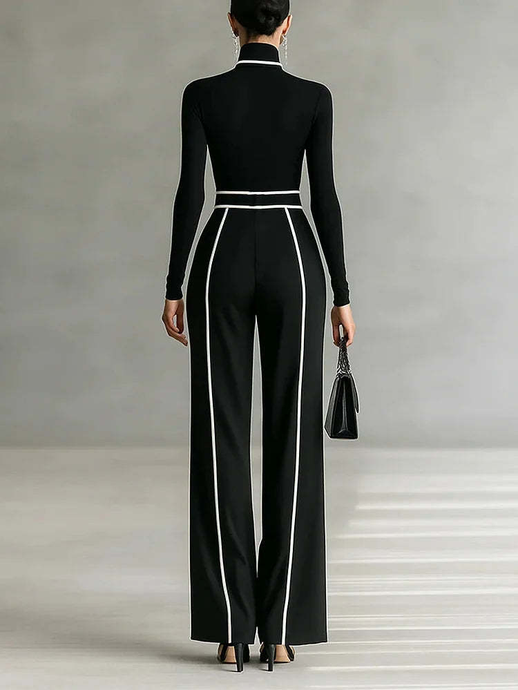 Long Sleeve High Neck Top Set with White Trim, Wide Leg Pants and Belt