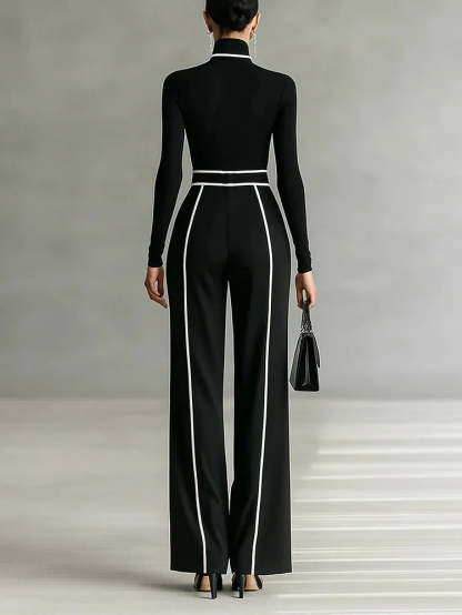 Long Sleeve High Neck Top Set with White Trim, Wide Leg Pants and Belt
