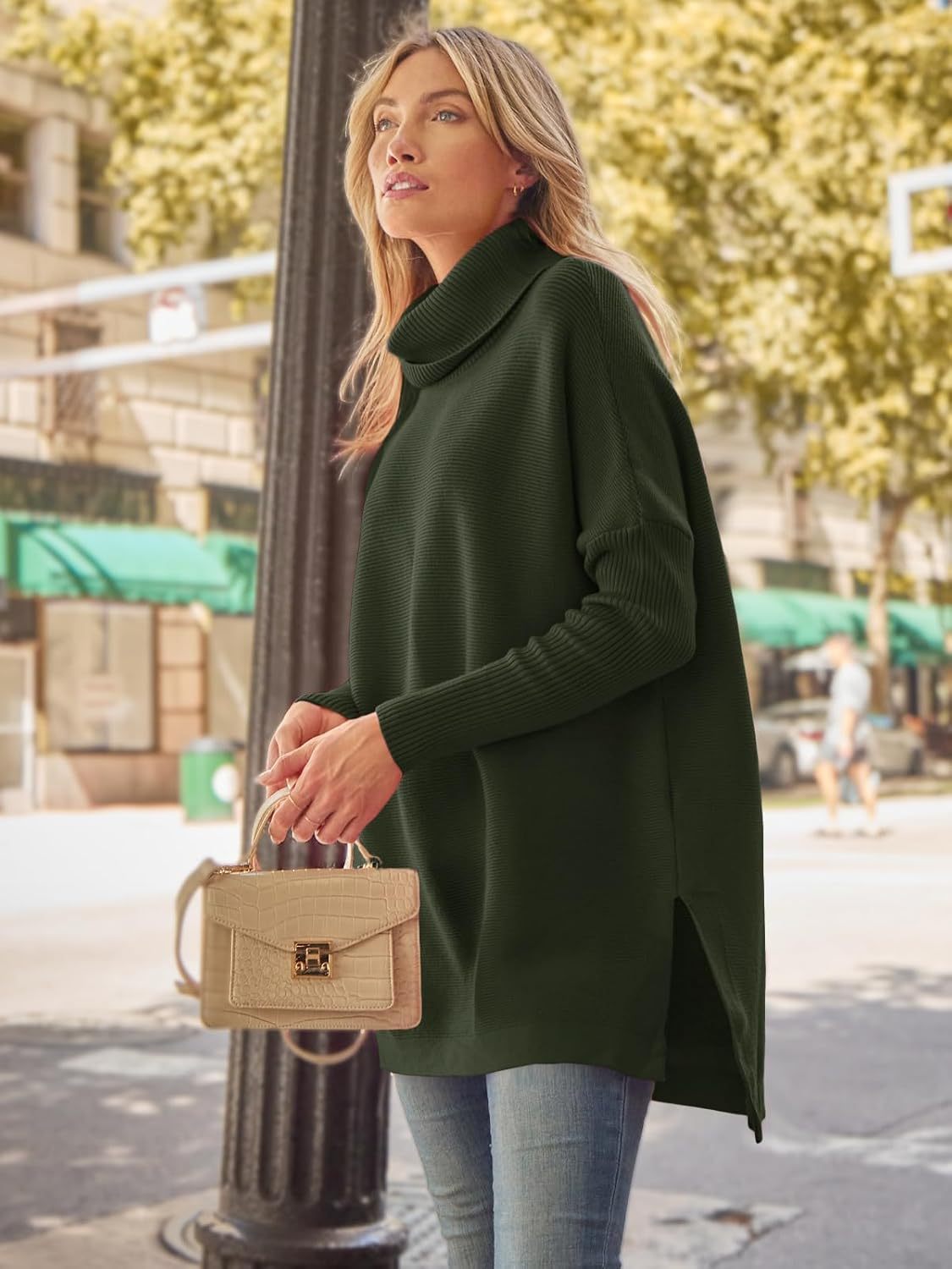 Women's Turtleneck Oversized Sweaters Long Batwing Sleeve Spilt Hem Tunic Pullover Knit Tops