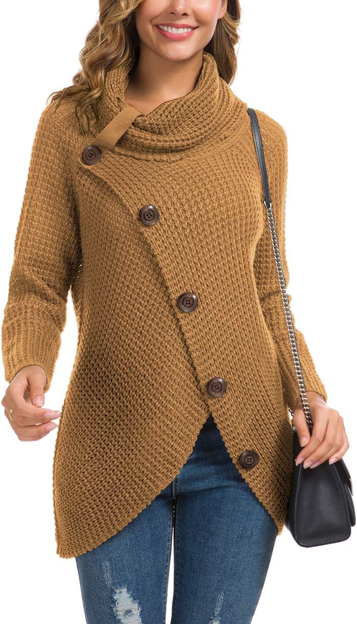 Women's Chunky Turtleneck Long Sleeve Asymmetric Hem Loose Knit Pullover Sweaters