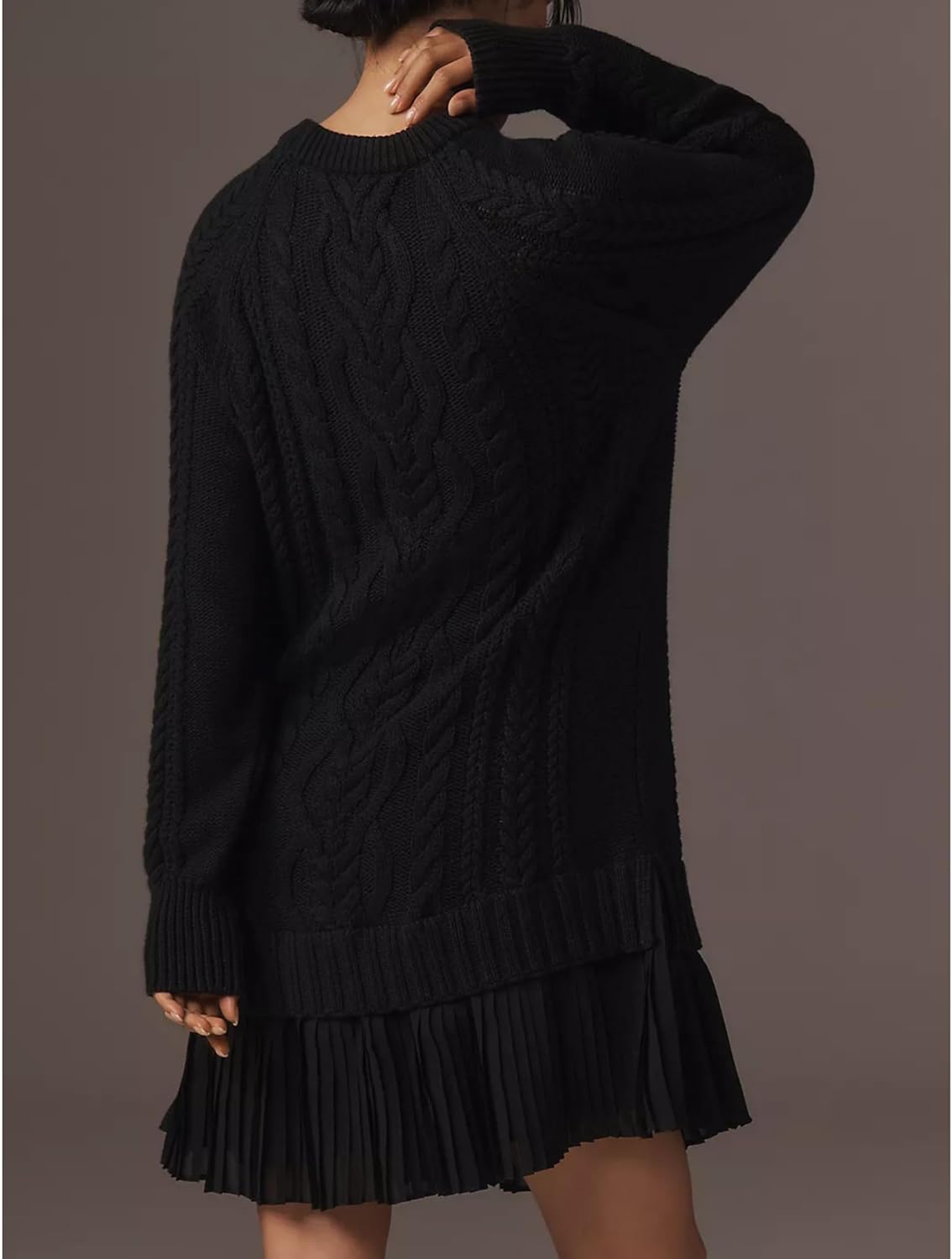 Women Cable Knit Sweater Dress Crewneck Long Sleeve Pleated Mini Dress Twofer Style Patchwork Dress