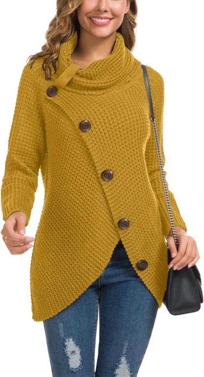 Women's Chunky Turtleneck Long Sleeve Asymmetric Hem Loose Knit Pullover Sweaters