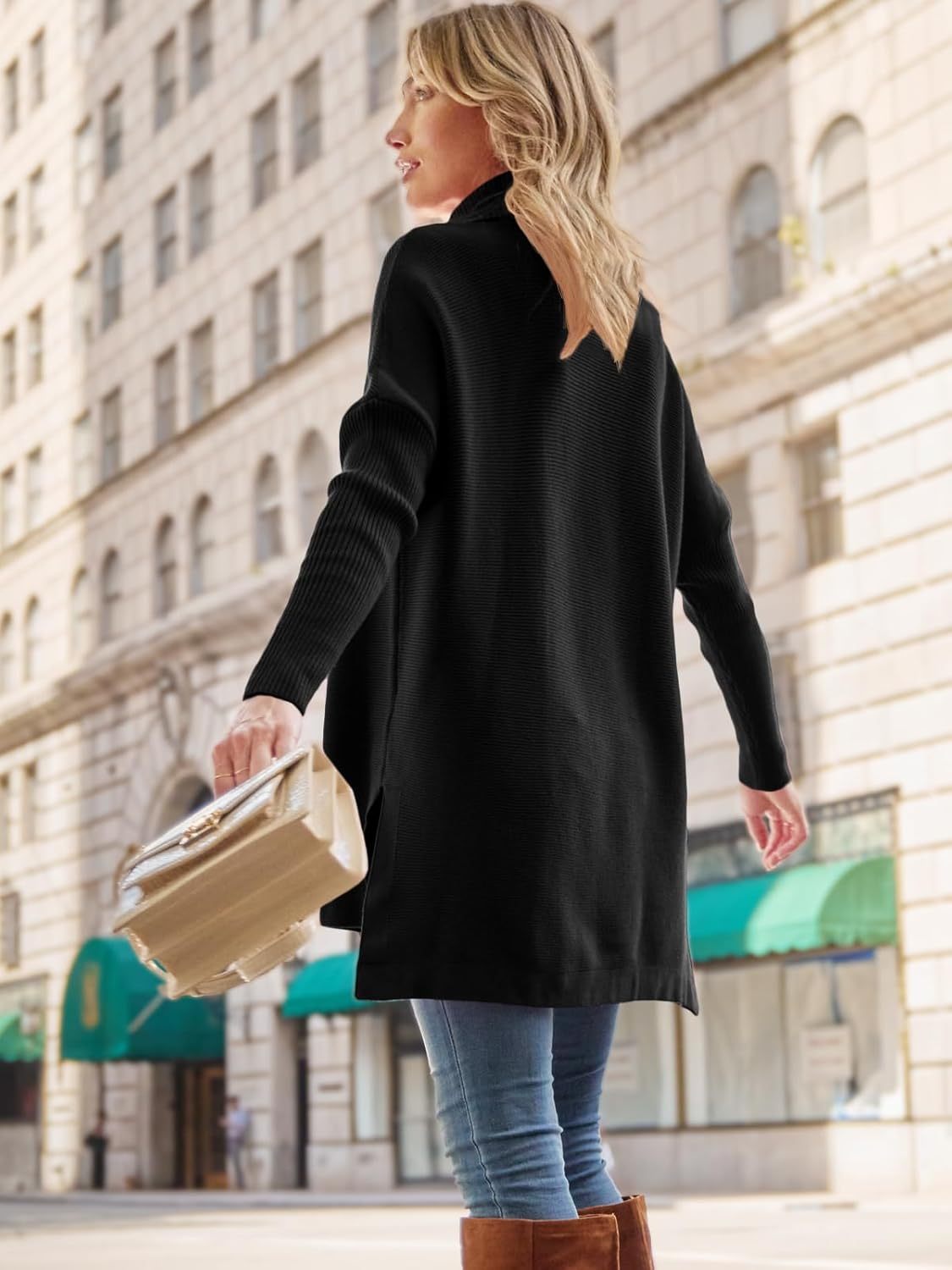 Women's Turtleneck Oversized Sweaters Long Batwing Sleeve Spilt Hem Tunic Pullover Knit Tops