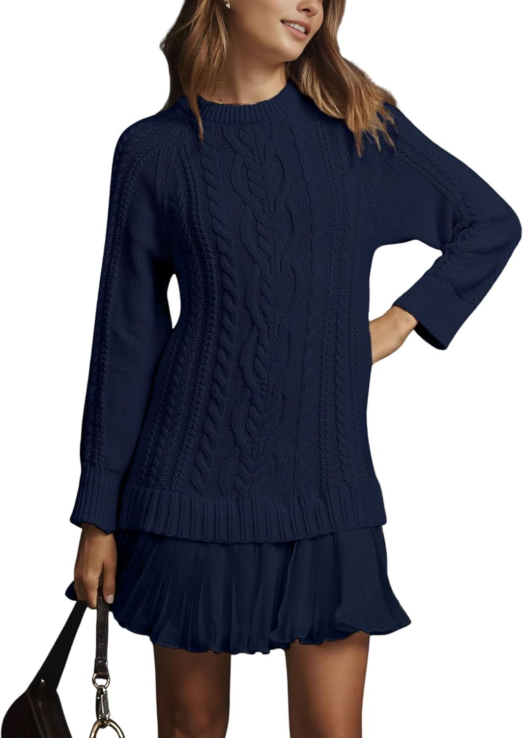 Women Cable Knit Sweater Dress Crewneck Long Sleeve Pleated Mini Dress Twofer Style Patchwork Dress