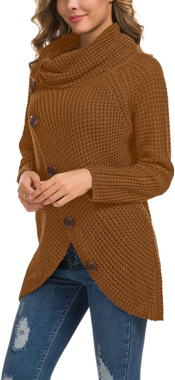 Women's Chunky Turtleneck Long Sleeve Asymmetric Hem Loose Knit Pullover Sweaters