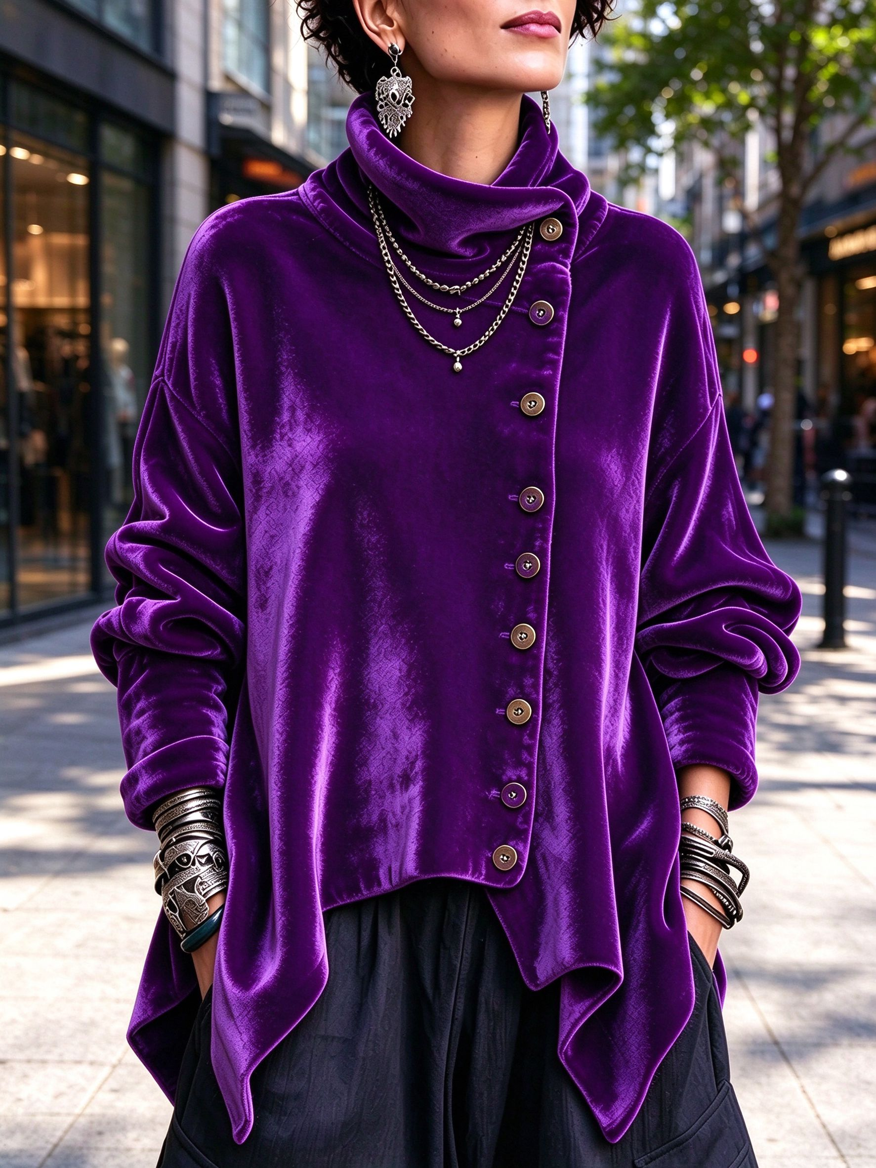 Women's Chic Velvet Asymmetric Button Turtleneck Top