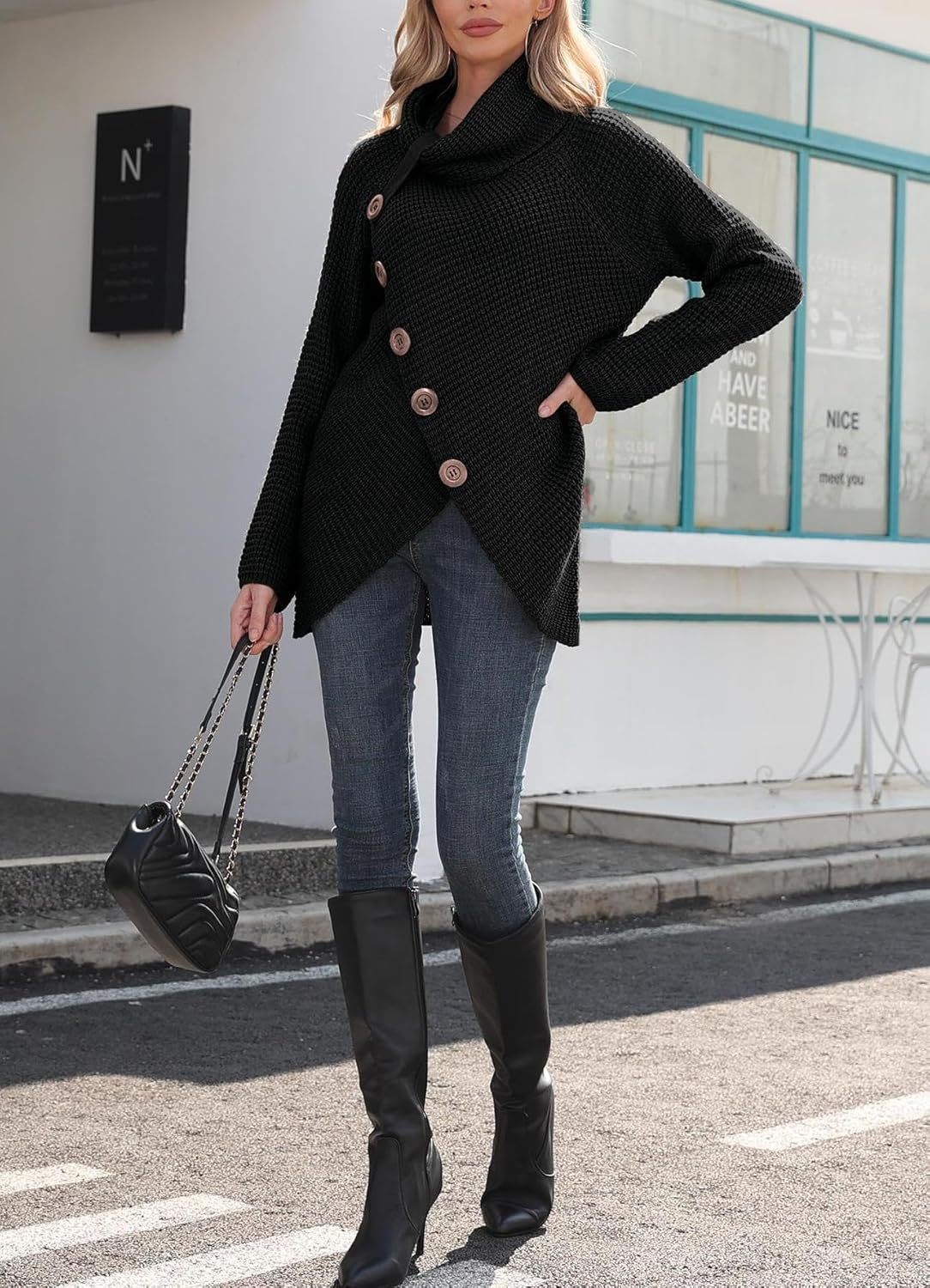 Women's Chunky Turtleneck Long Sleeve Asymmetric Hem Loose Knit Pullover Sweaters