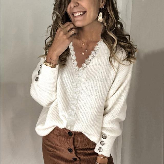 Women's Autumn Elegant Lace Long Sleeve V Neck Casual Sweater