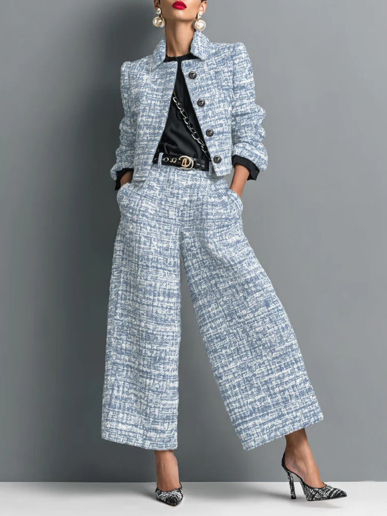 Tweed Cropped Jacket & High Waist Wide Leg Pants 2 Piece Set