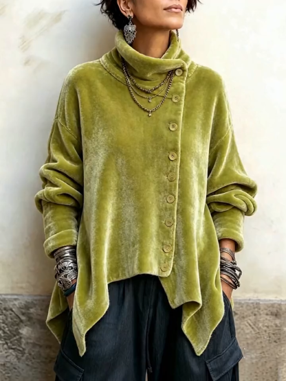 Women's Chic Velvet Asymmetric Button Turtleneck Top