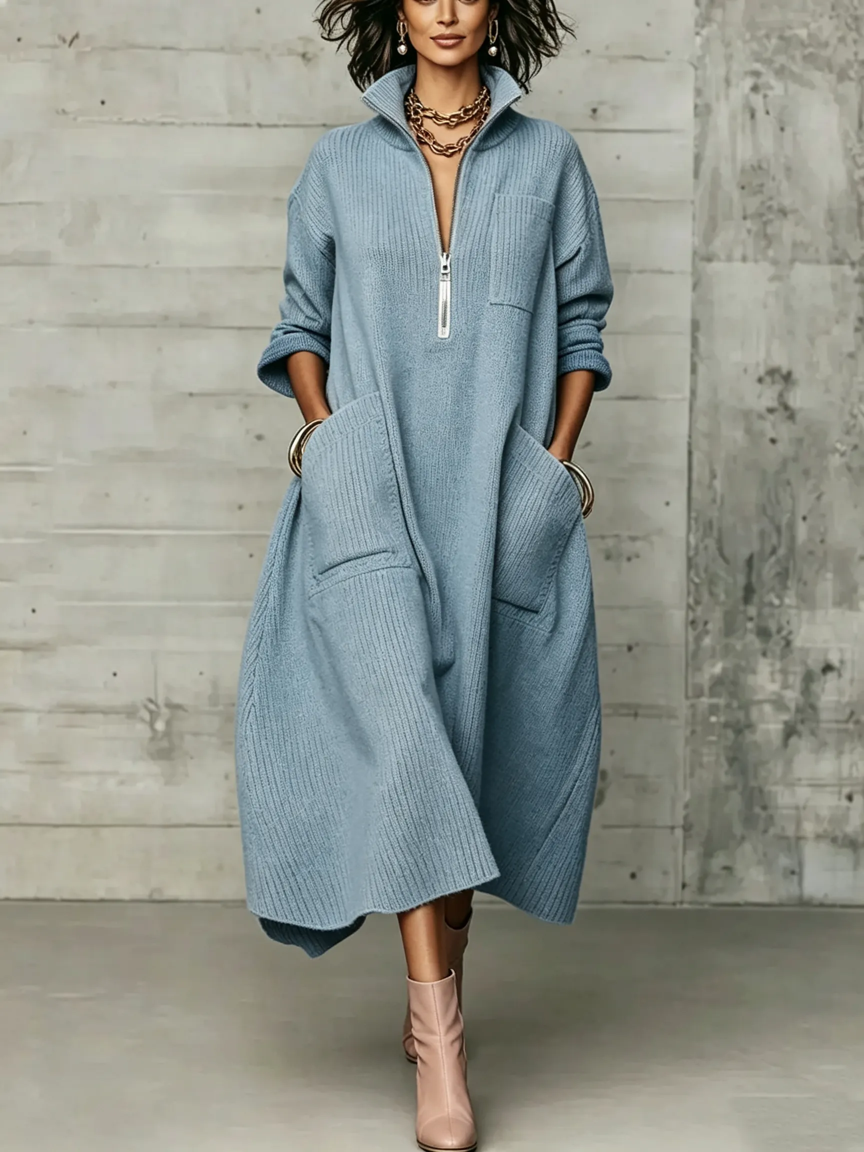 50% OFF Women's Knit Maxi Dress with Pockets – Quarter-Zip, Cozy & Flowy