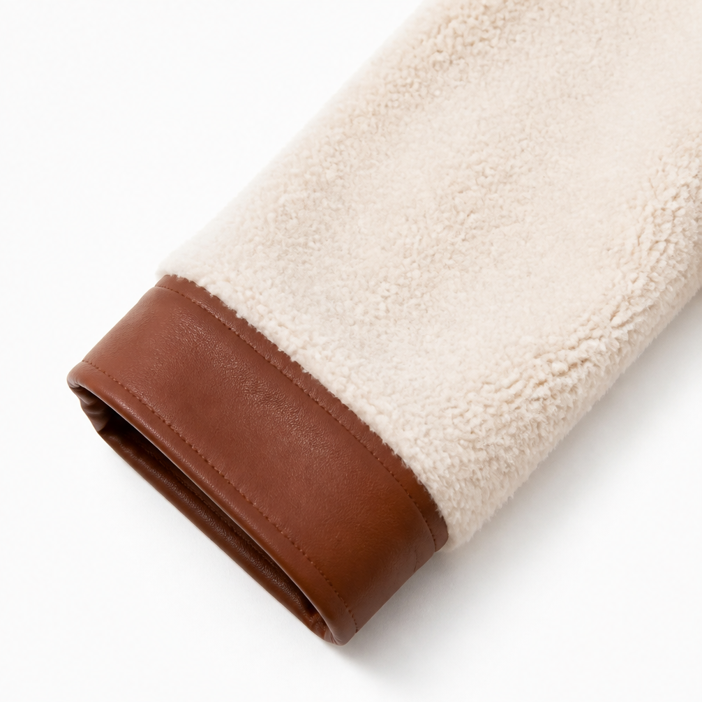Faux Leather-Trim Plush Teddy Coat