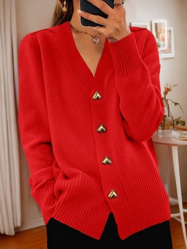 Women's Valentine Pink Sweater Cardigan Sweater Jacket V Neck Knit Button Knitted Spring Fall Daily Holiday Going out Cute Daily Soft Long Sleeve Pure Color Black White