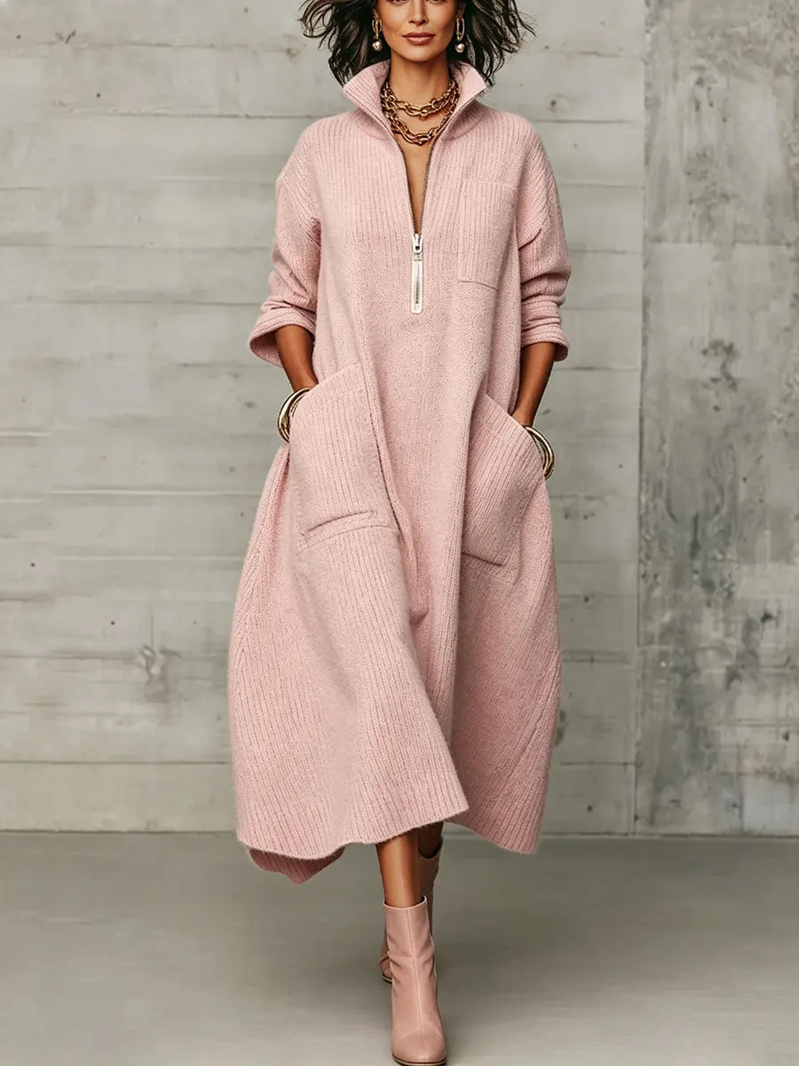 50% OFF Women's Knit Maxi Dress with Pockets – Quarter-Zip, Cozy & Flowy
