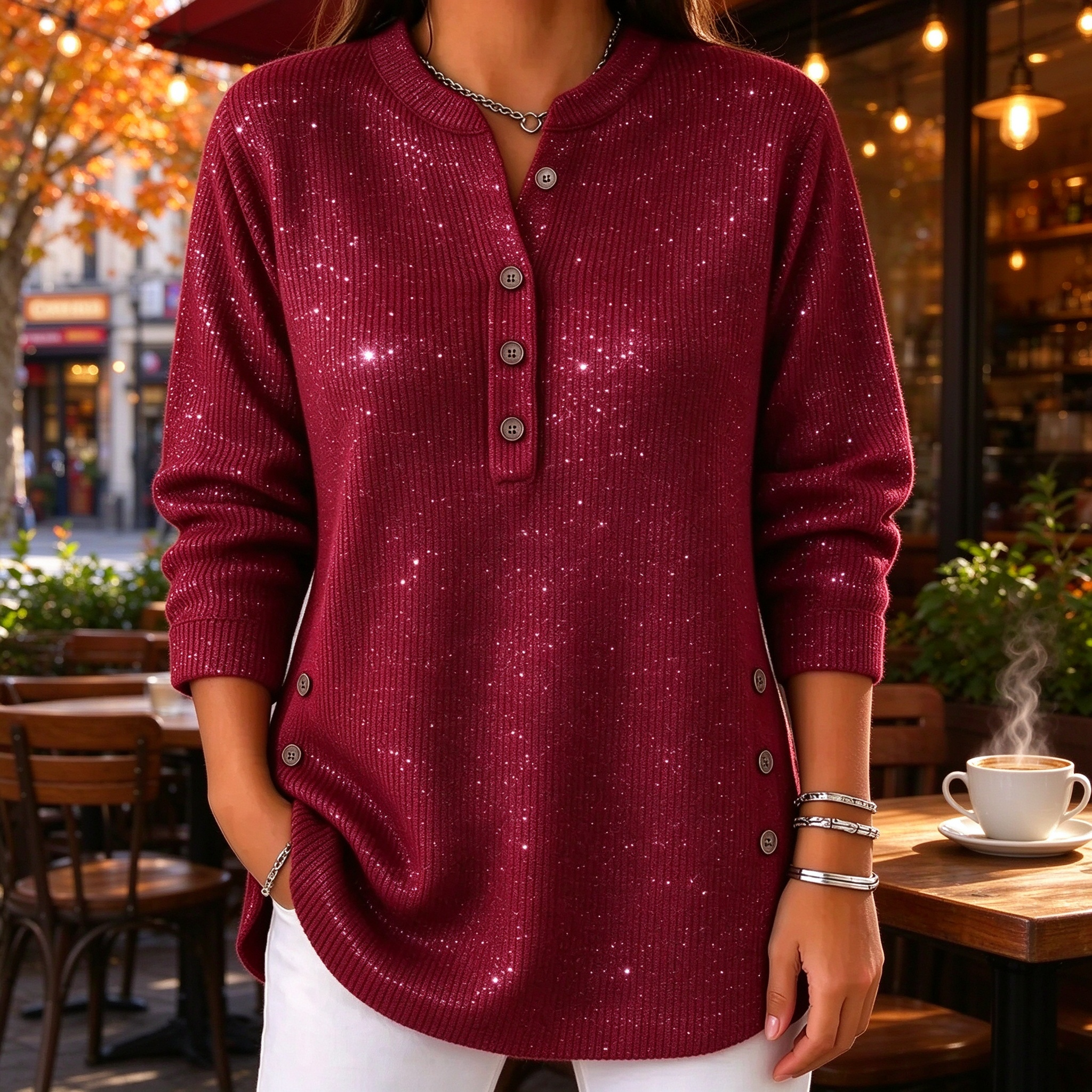Women's Sparkly Henley Tunic Top – Shimmer Knit Blouse – 50% OFF