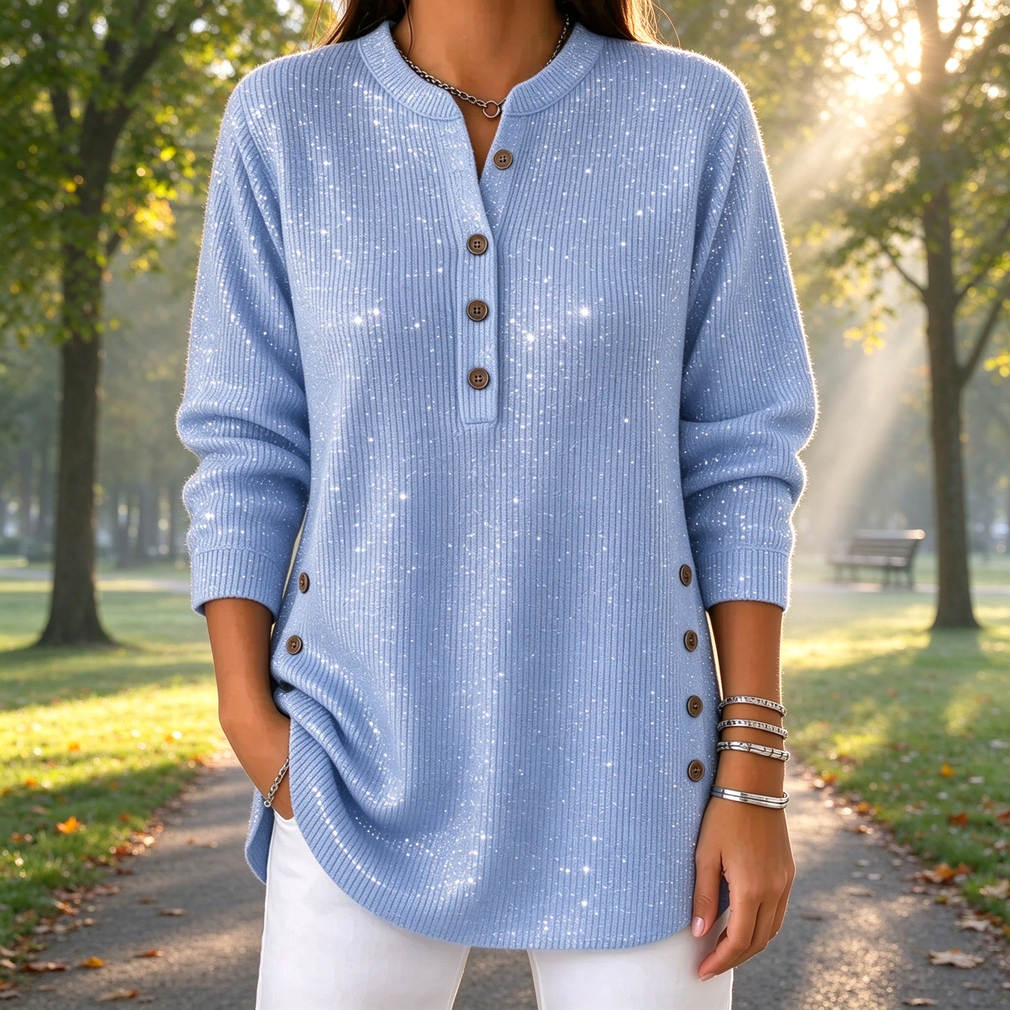 Women's Sparkly Henley Tunic Top – Shimmer Knit Blouse – 50% OFF