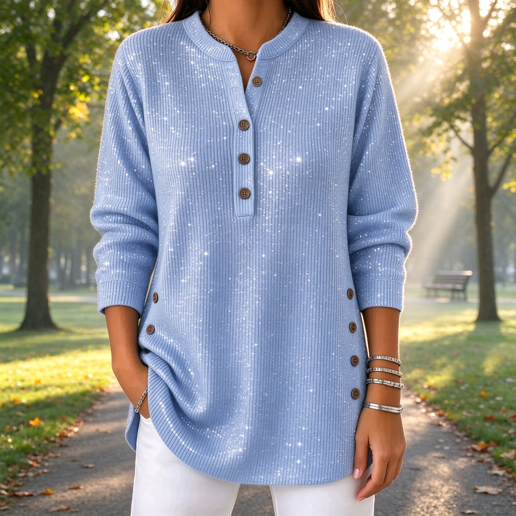 Women's Sparkly Henley Tunic Top – Shimmer Knit Blouse – 50% OFF