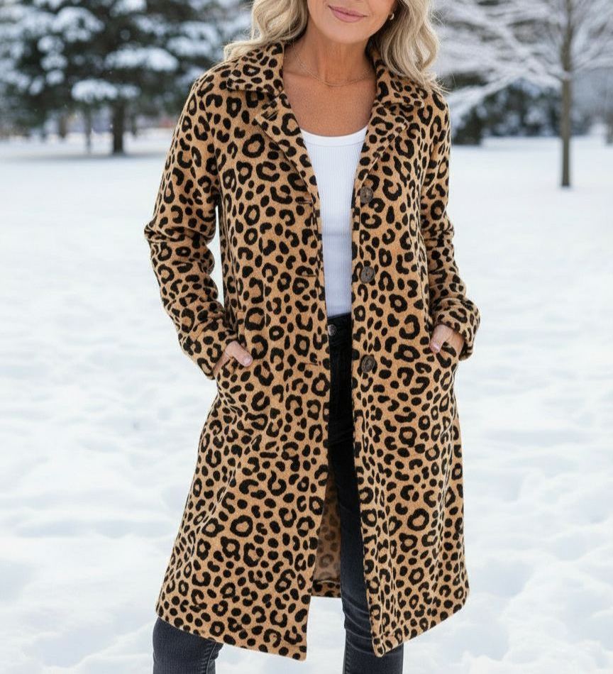 NEW🔥 Wool Casual Lapel Single-Breasted Long-Line Leopard Print Coat