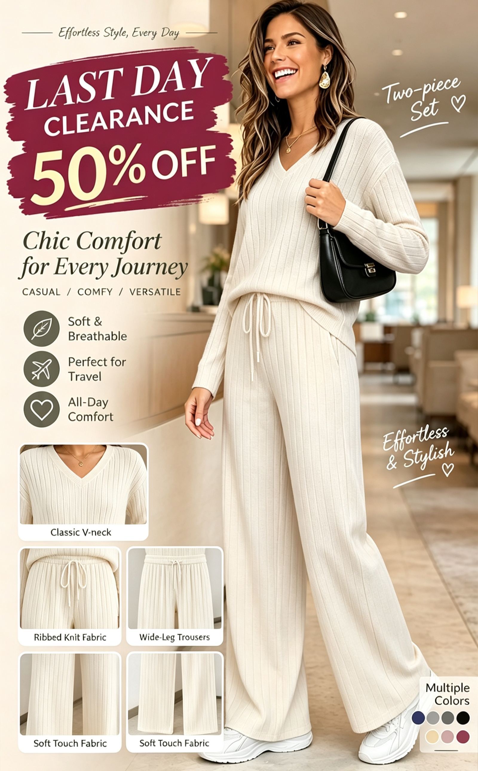 Women's Elegant Ribbed Knit Two-Piece Set – V-Neck Sweater & Wide-Leg Pants