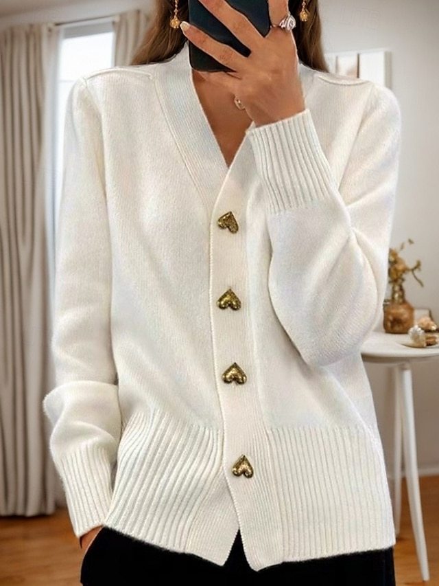 Women's Valentine Pink Sweater Cardigan Sweater Jacket V Neck Knit Button Knitted Spring Fall Daily Holiday Going out Cute Daily Soft Long Sleeve Pure Color Black White