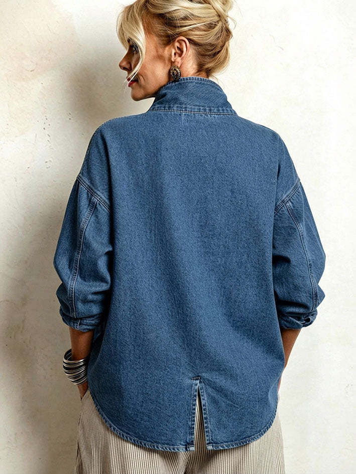 50% OFF Women's Oversized Denim Shirt Jacket, Asymmetrical Casual Button-Down Top, Soft Mid-Wash Layering Shirt, Plus Size S–3XL