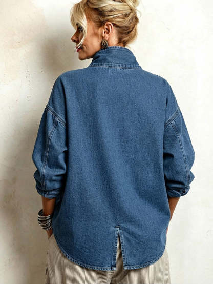 50% OFF Women's Oversized Denim Shirt Jacket, Asymmetrical Casual Button-Down Top, Soft Mid-Wash Layering Shirt, Plus Size S–3XL