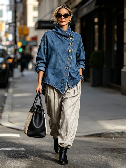 50% OFF Women's Oversized Denim Shirt Jacket, Asymmetrical Casual Button-Down Top, Soft Mid-Wash Layering Shirt, Plus Size S–3XL