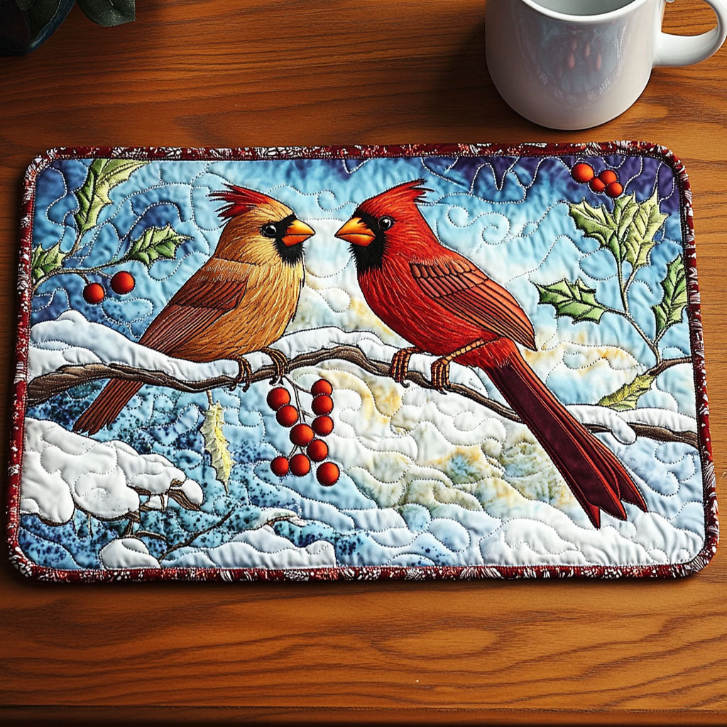 Snowy Cardinals Quilted Placemat Cute Home Decor Valentine Gift For Cardinal Lovers