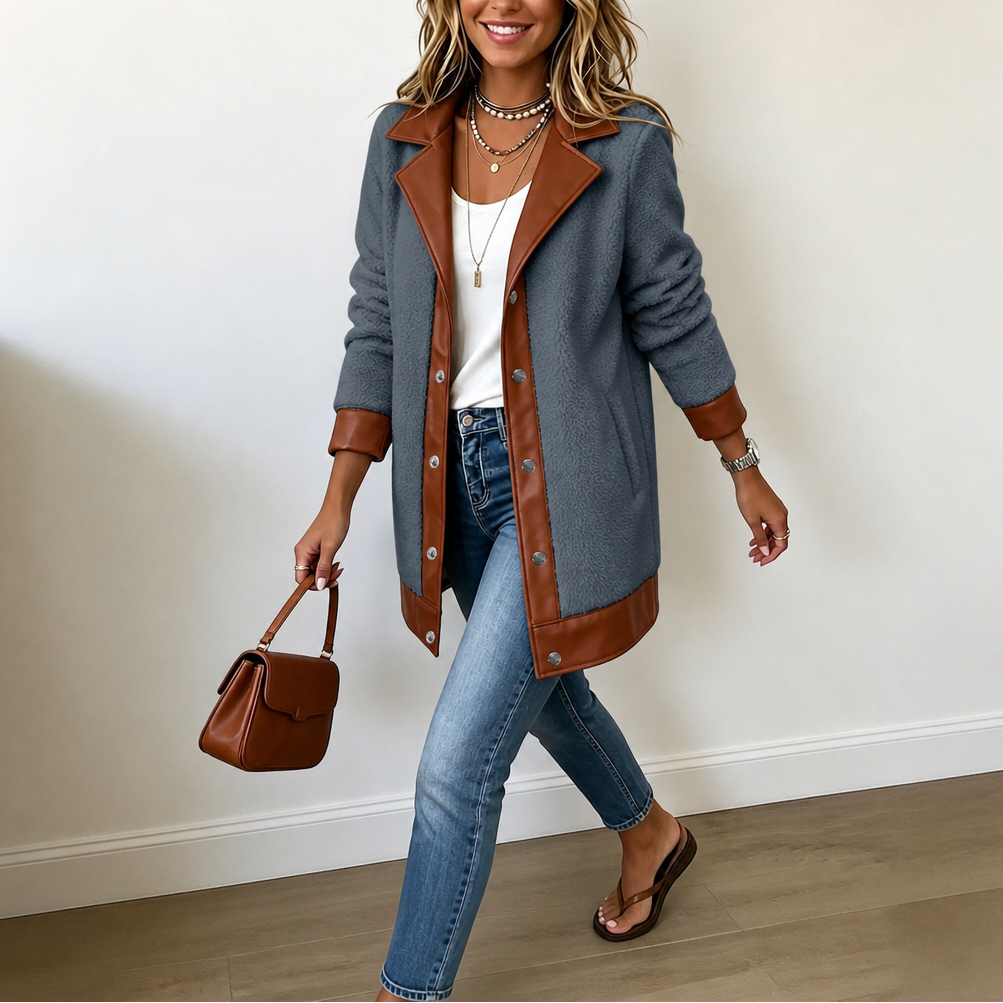 Faux Leather-Trim Plush Teddy Coat
