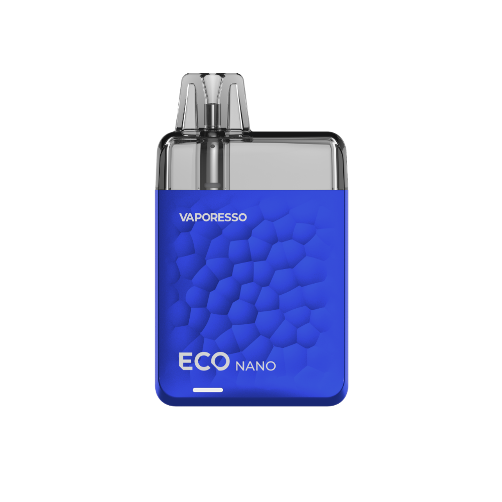 VAPORESSO ECO NANO vape in blue. Features stylish hexagonal design, VAPORESSO branding, and ECO NANO text.
