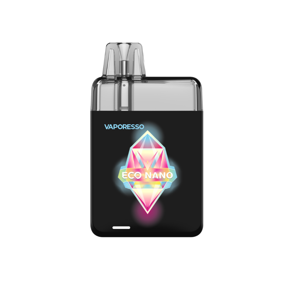 VAPORESSO ECO NANO vape in black with branding, highlighting the stylish design, ECO NANO