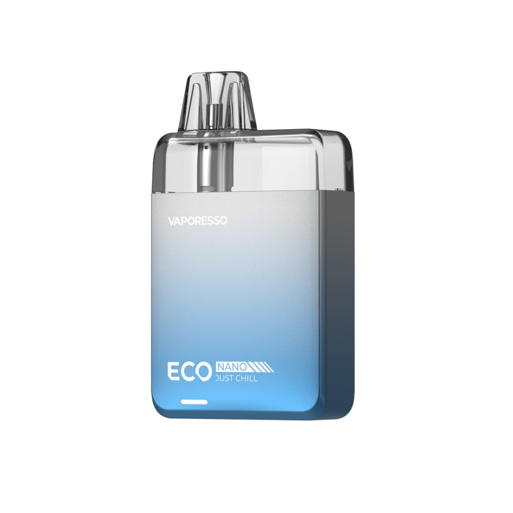 VAPORESSO ECO NANO vape with gradient blue and silver, featuring "JUST CHILL" text, sleek design