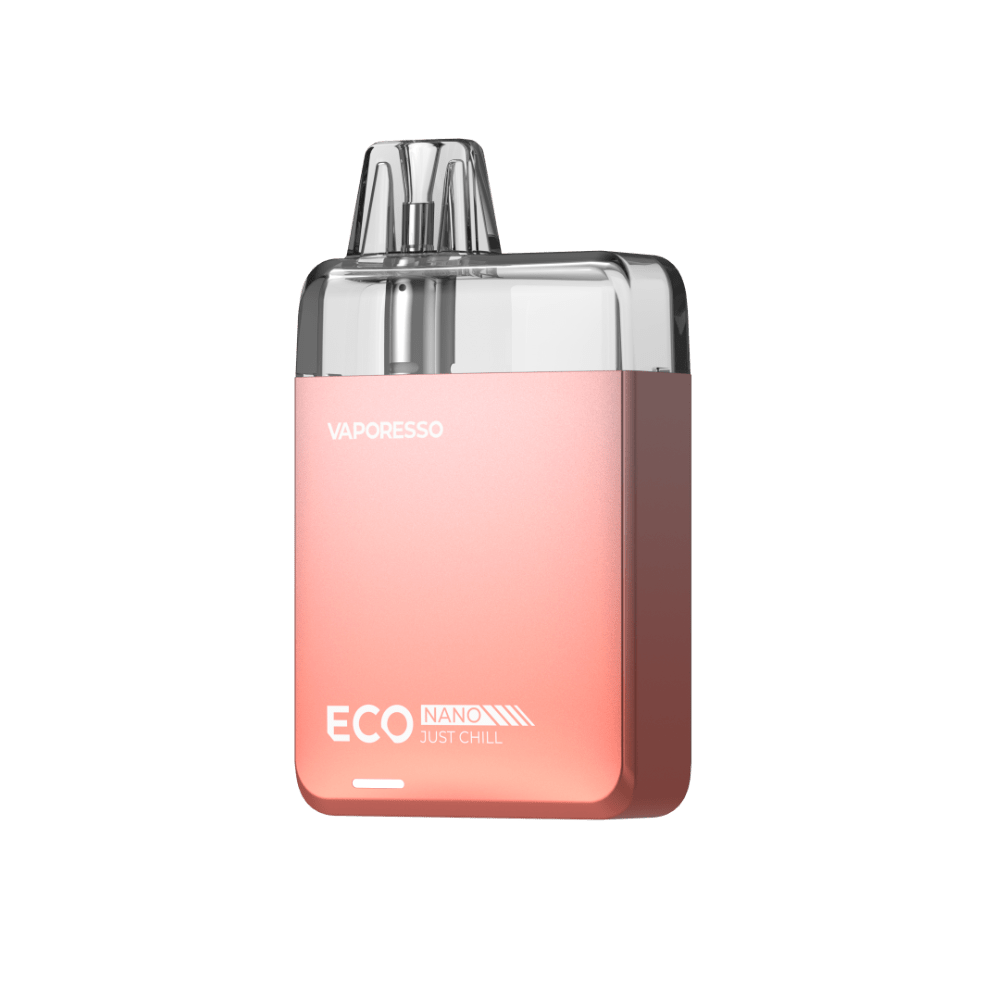 VAPORESSO ECO NANO vape in gradient pink, with 'JUST CHILL' text, highlighting the stylish design and user experience.