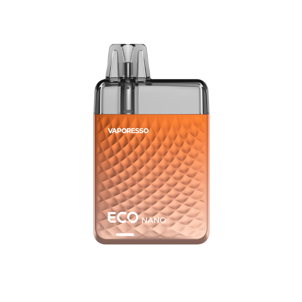 VAPORESSO ECO NANO vape in orange gradient. Features stylish design and branding.