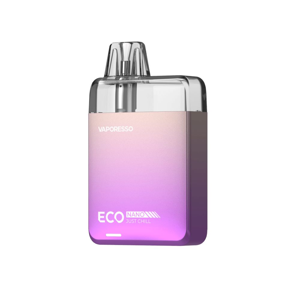 VAPORESSO ECO NANO vape in a gradient pink and purple color with 'JUST CHILL' text, stylish vaping device