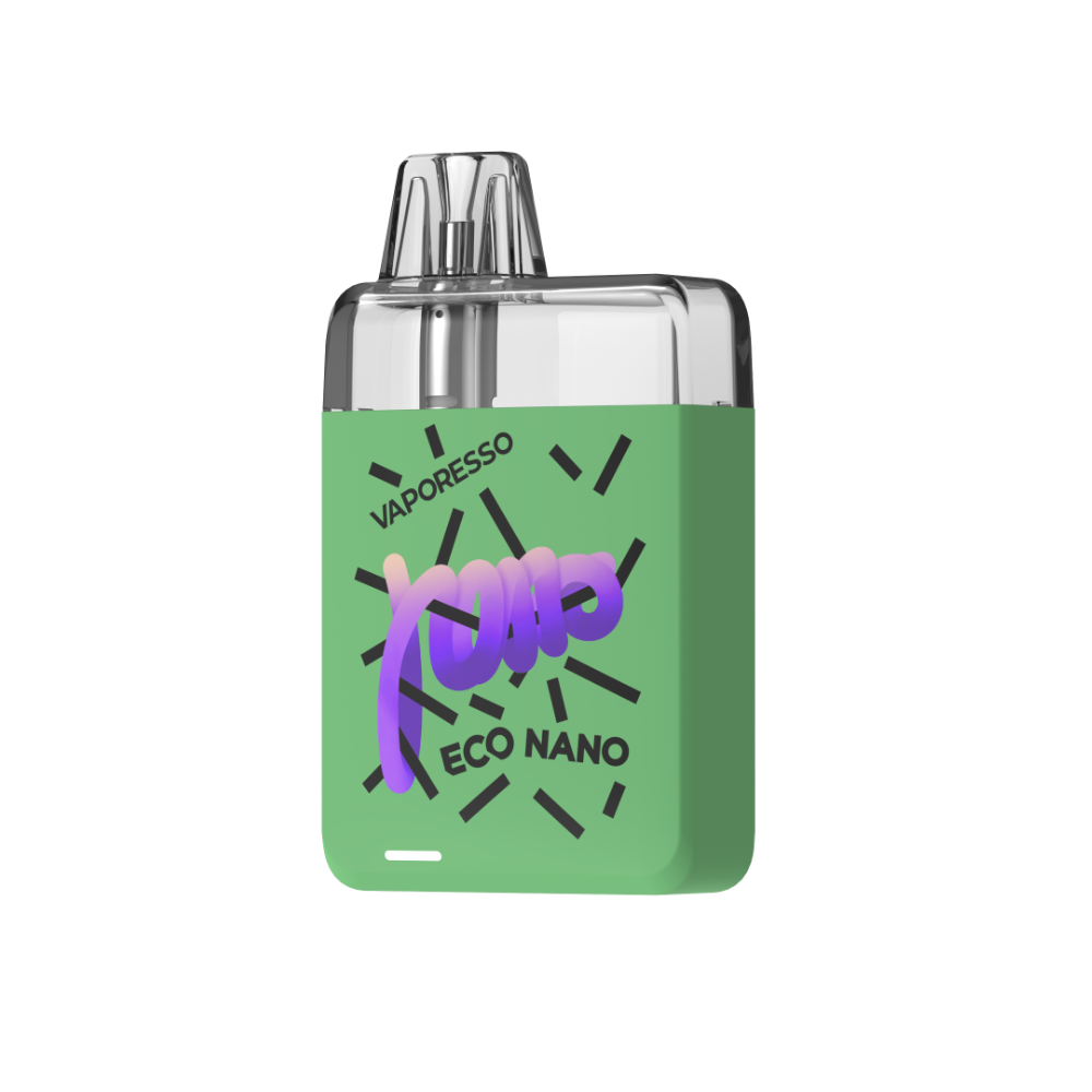 VAPORESSO ECO NANO vape pod in green with stylized design. Features large 6ml pod capacity.