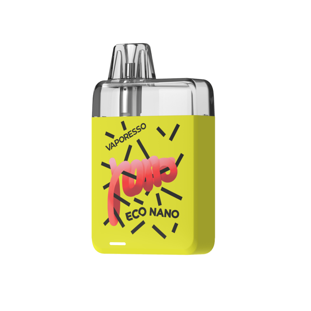VAPORESSO ECO NANO vape, yellow body with 'POP' design and branding.