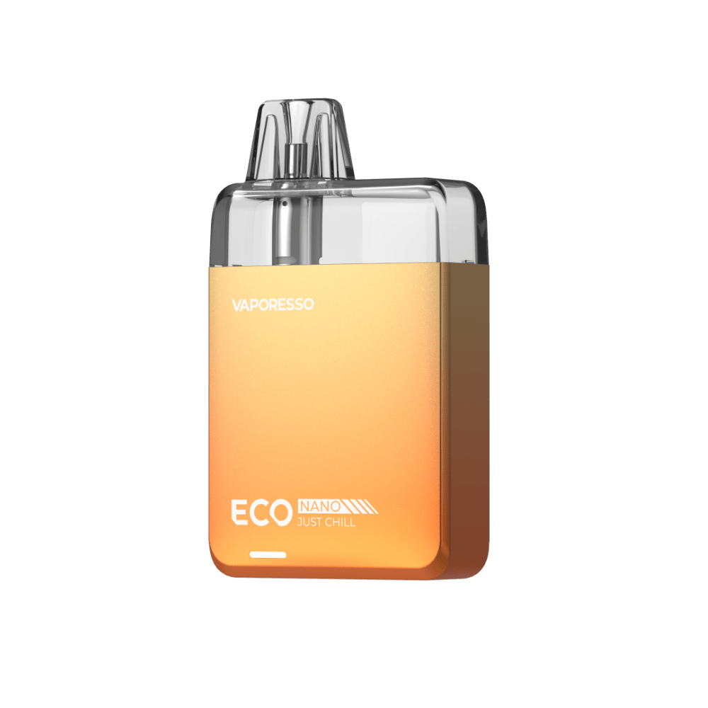 VAPORESSO ECO NANO vape in gradient orange, transparent pod with 'JUST CHILL' text, 6ml capacity