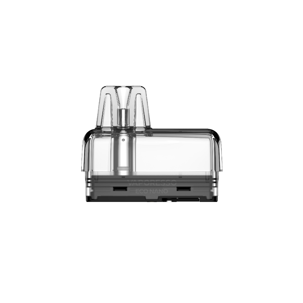 VAPORESSO ECO NANO Pod, clear with black details, showing branding and internal structure, 6ml capacity