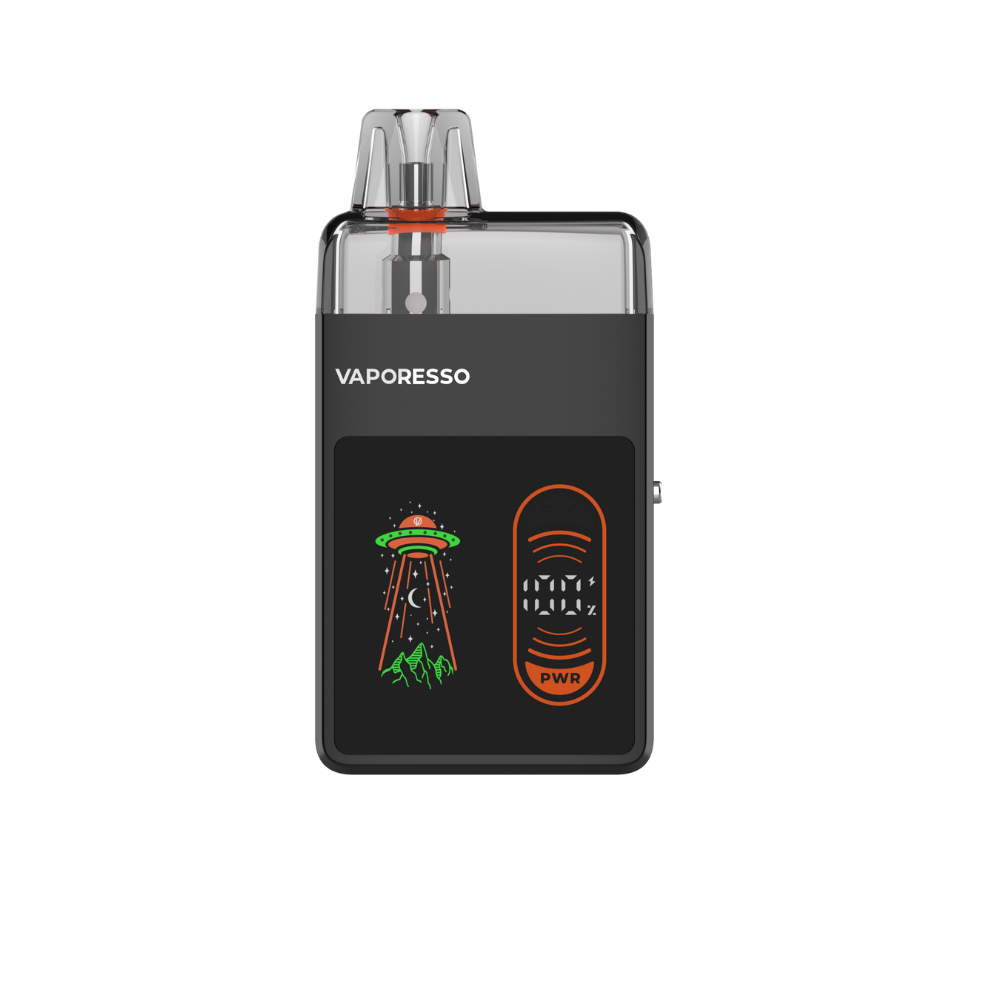 VAPORESSO ECO NANO PRO vape device, black, alien design, display, featuring power and wattage display