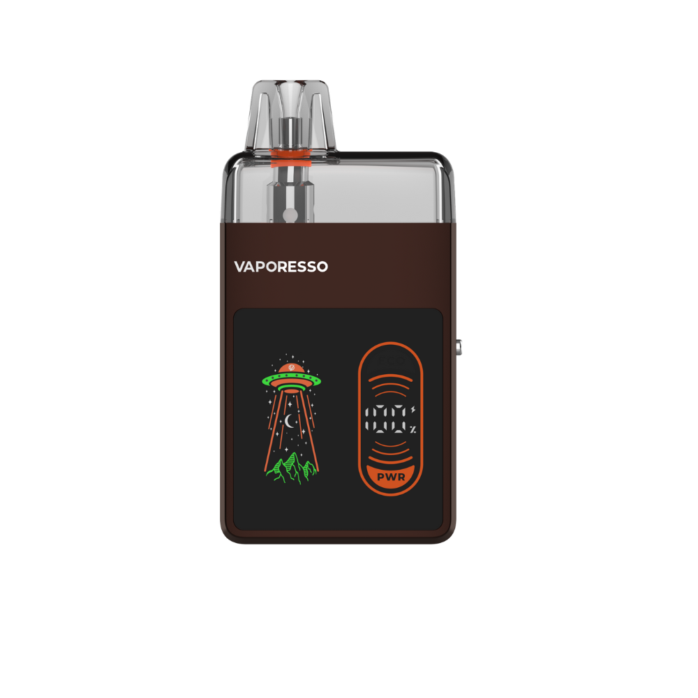 VAPORESSO ECO NANO PRO vape device in dark brown with alien graphic display and wattage indicator, a display of the product