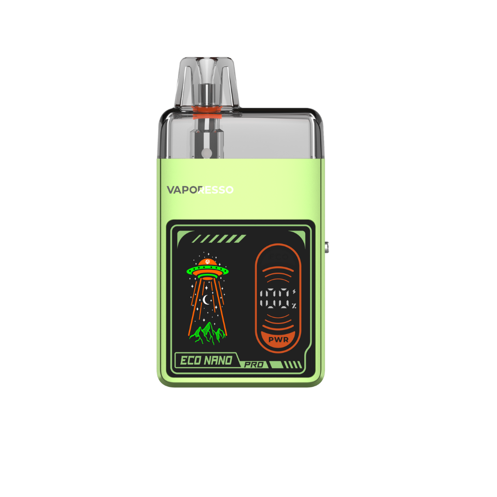 VAPORESSO ECO NANO PRO in light green with futuristic design, showcasing display and illustration.