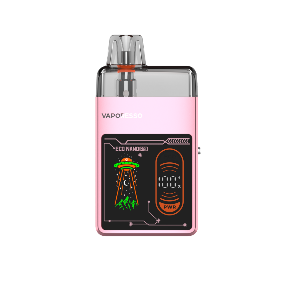 VAPORESSO ECO NANO PRO, light pink, with a display showing battery level and power button