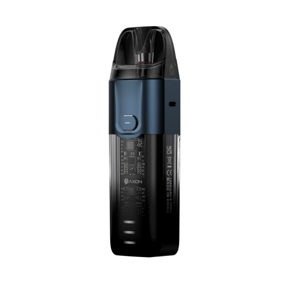 VAPORESSO LUXE X pod system in blue with transparent pod, featuring AXON chip and compact DTL design, 1500mAh battery