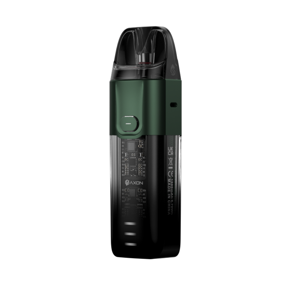 VAPORESSO LUXE X pod system in green and transparent, featuring the AXON chip