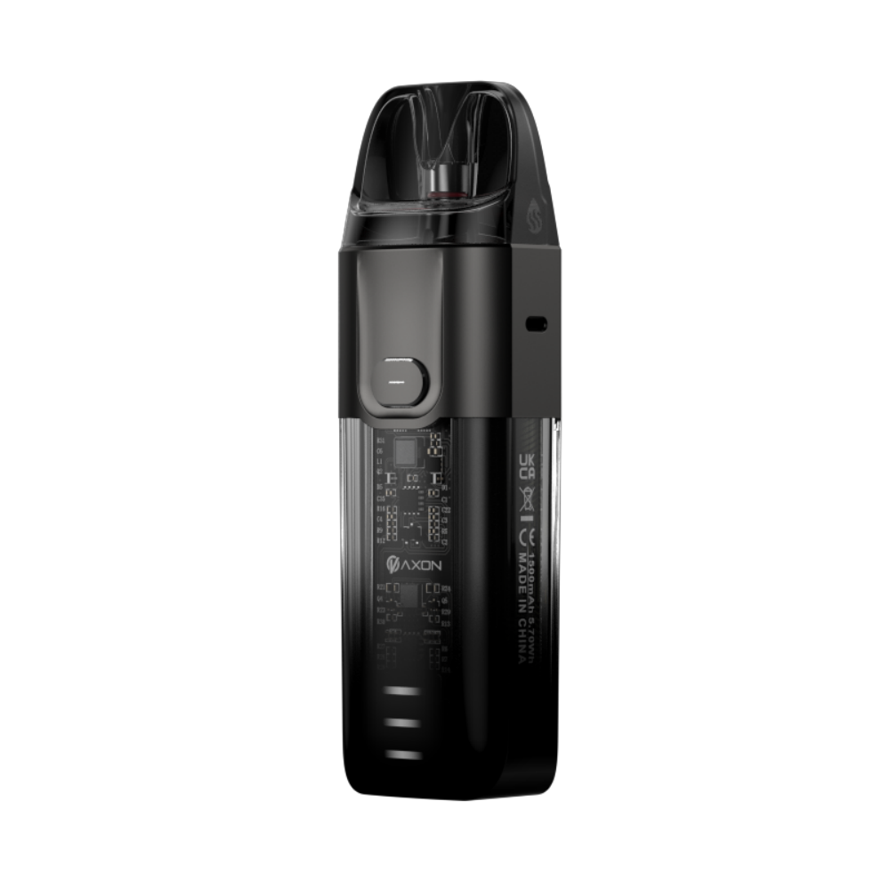 VAPORESSO LUXE X pod system in black, featuring AXON chip and transparent pod design, compact DTL