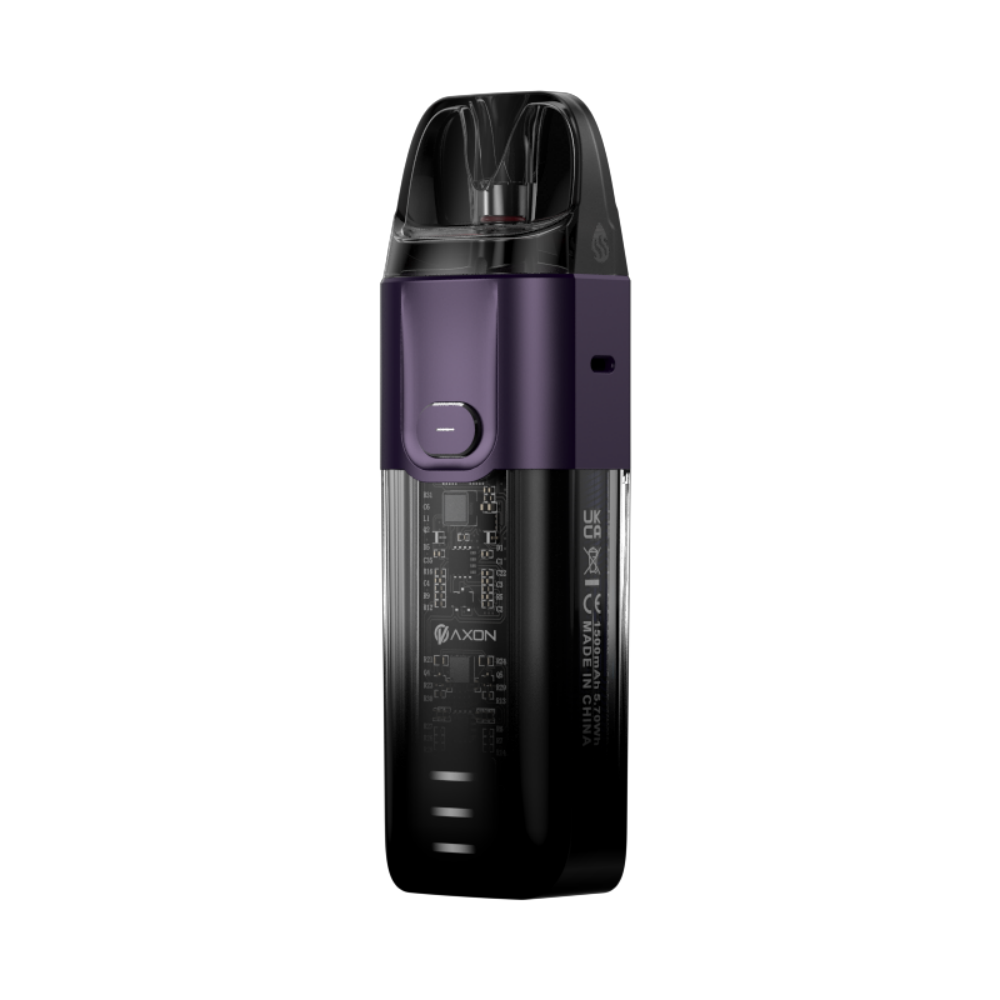 VAPORESSO LUXE X Pod System with transparent pod, purple accent, AXON chip, and 1500mAh battery.